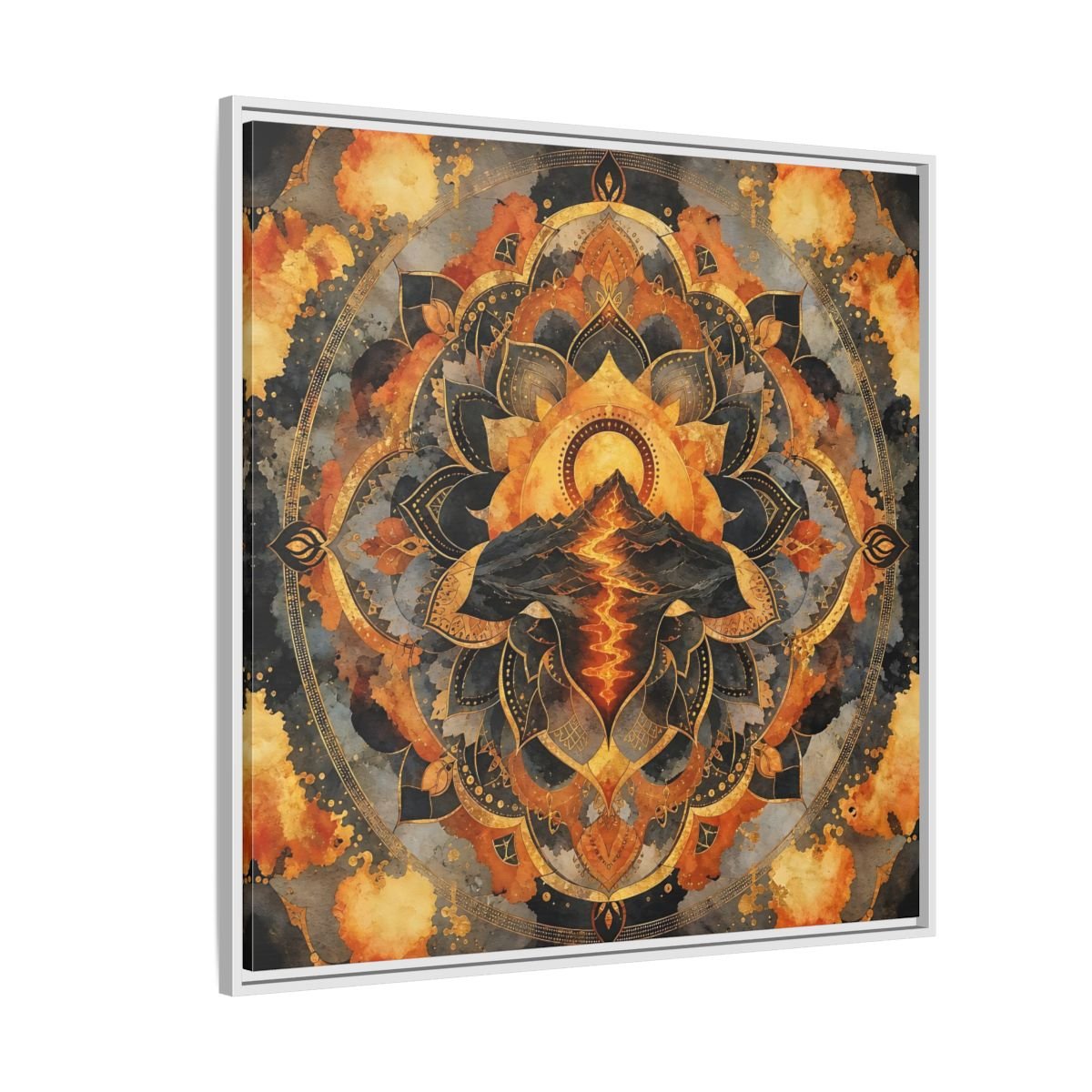 Abstract Volcano Mandala Orange Black Gold Framed Canvas Print Wall Art – Living Room, Above Sofa - YesArtYes