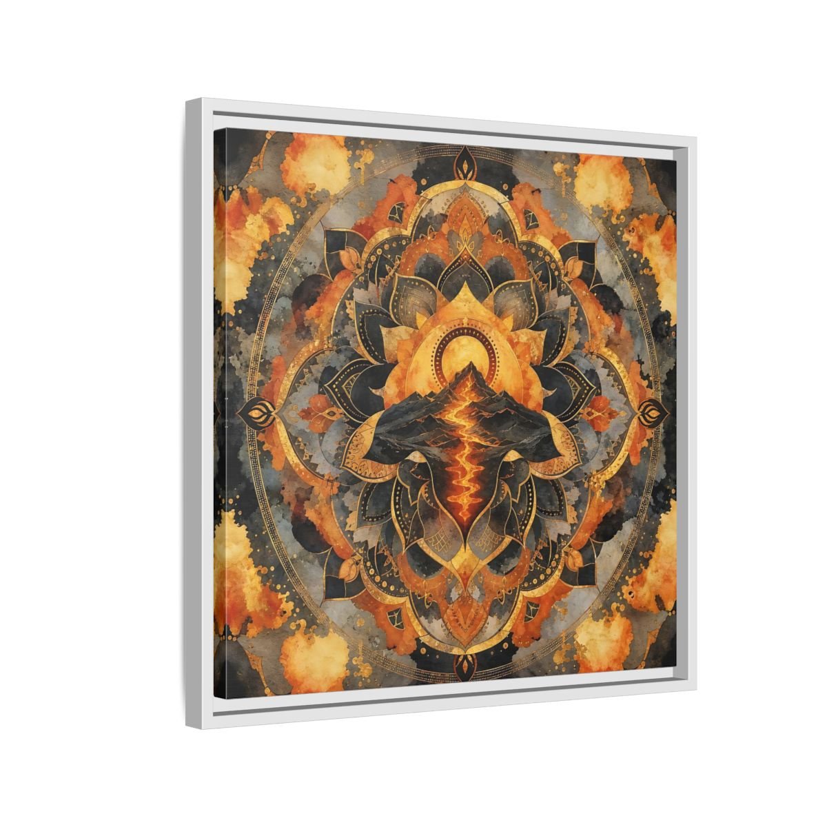 Abstract Volcano Mandala Orange Black Gold Framed Canvas Print Wall Art – Living Room, Above Sofa - YesArtYes