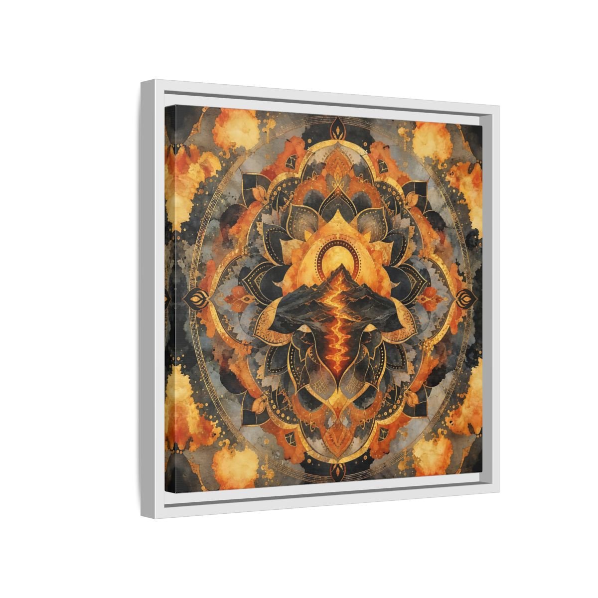 Abstract Volcano Mandala Orange Black Gold Framed Canvas Print Wall Art – Living Room, Above Sofa - YesArtYes