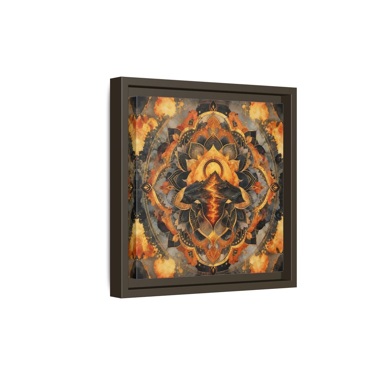 Abstract Volcano Mandala Orange Black Gold Framed Canvas Print Wall Art – Living Room, Above Sofa - YesArtYes