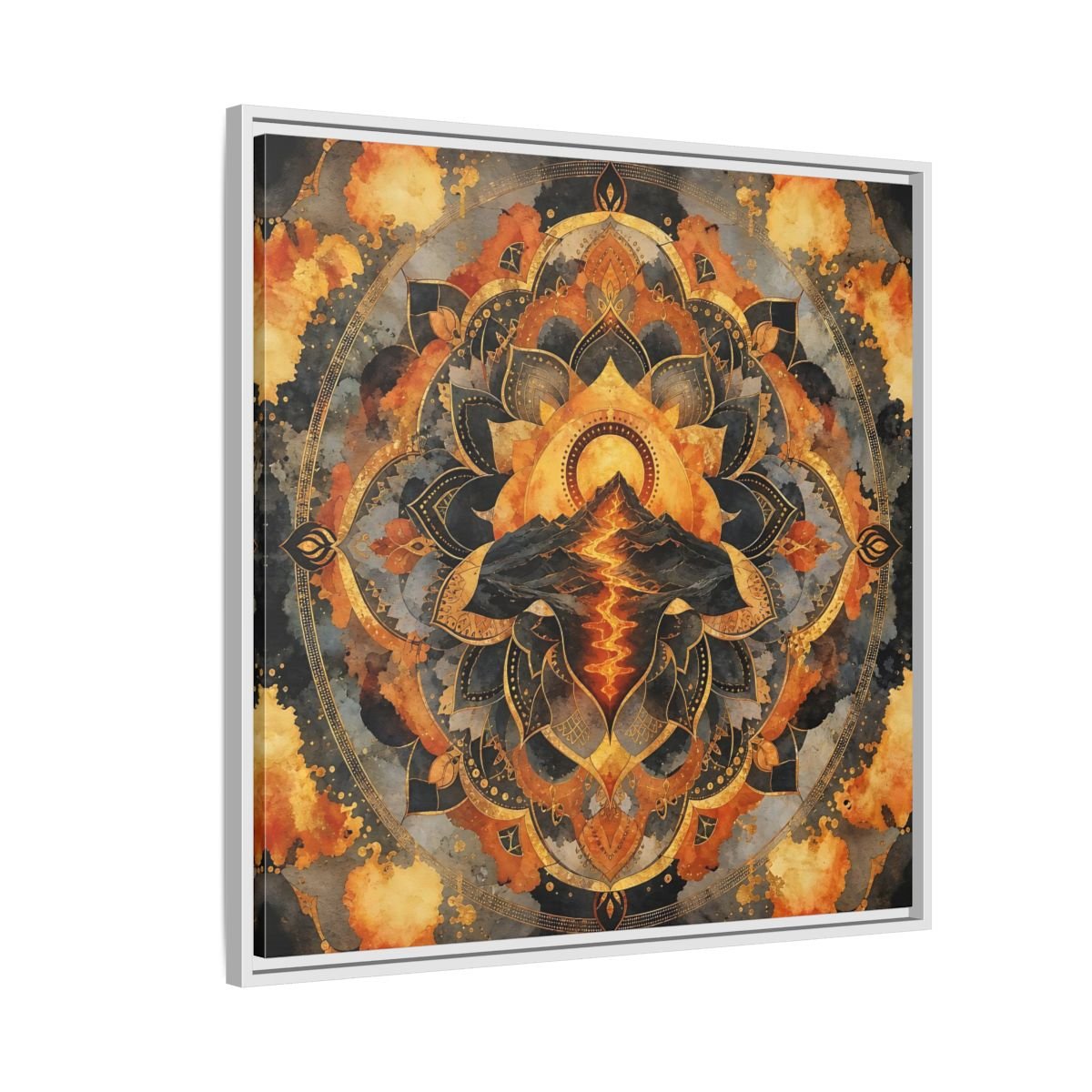 Abstract Volcano Mandala Orange Black Gold Framed Canvas Print Wall Art – Living Room, Above Sofa - YesArtYes