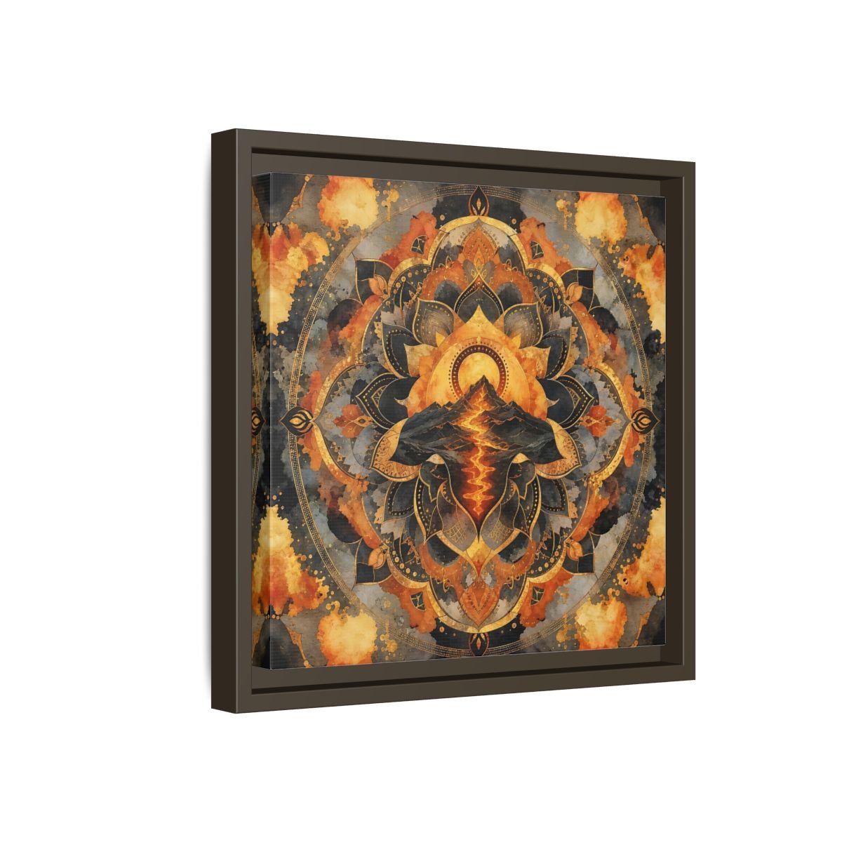 Abstract Volcano Mandala Orange Black Gold Framed Canvas Print Wall Art – Living Room, Above Sofa - YesArtYes