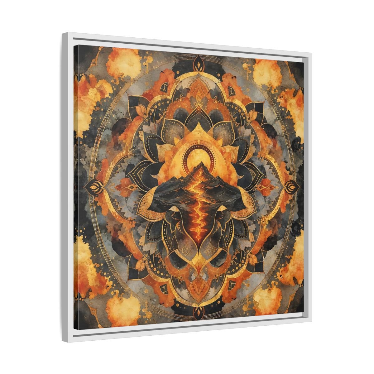 Abstract Volcano Mandala Orange Black Gold Framed Canvas Print Wall Art – Living Room, Above Sofa - YesArtYes
