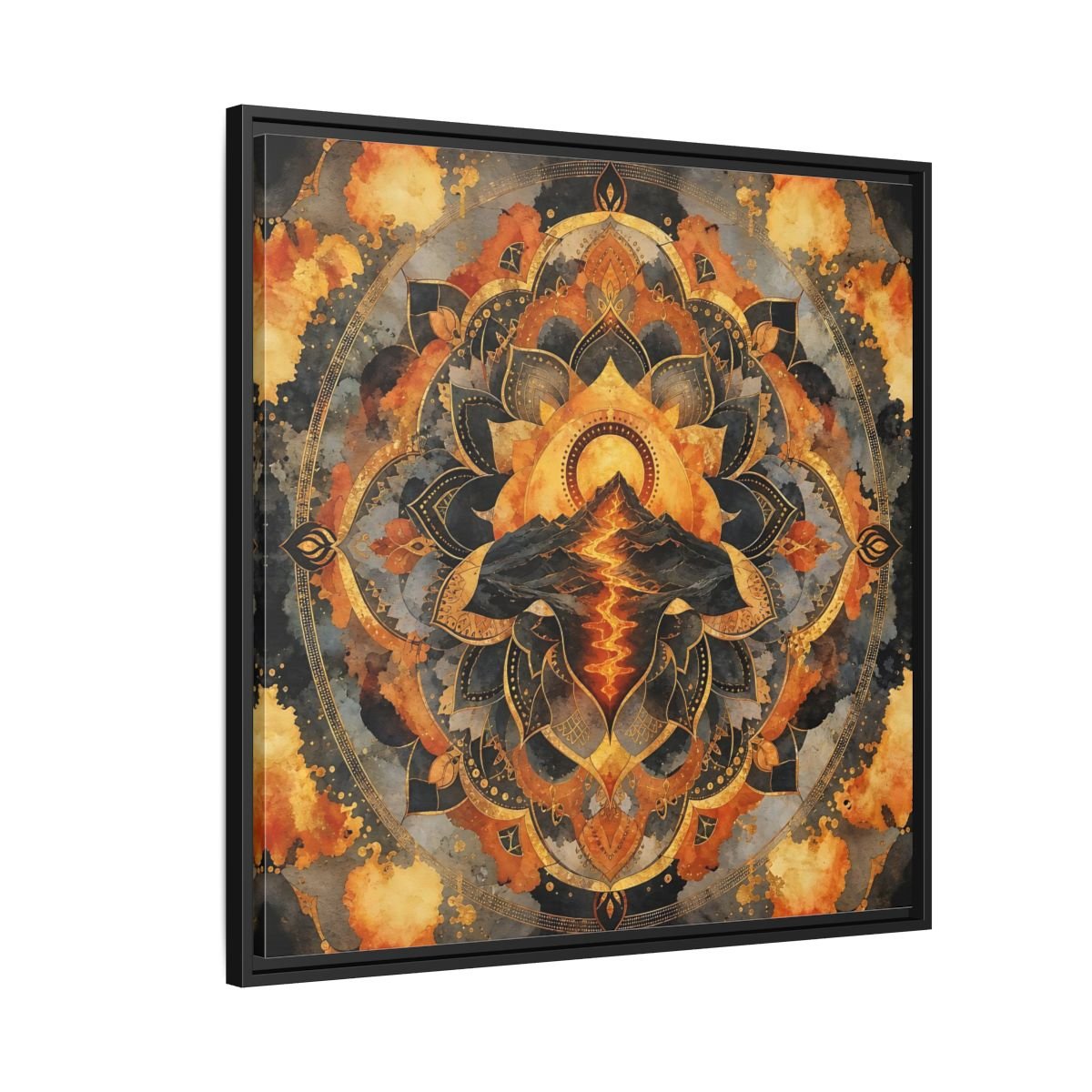 Abstract Volcano Mandala Orange Black Gold Framed Canvas Print Wall Art – Living Room, Above Sofa - YesArtYes