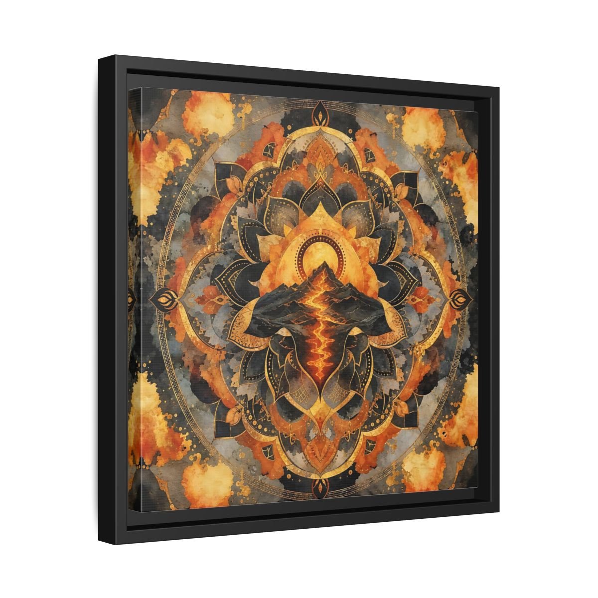 Abstract Volcano Mandala Orange Black Gold Framed Canvas Print Wall Art – Living Room, Above Sofa - YesArtYes