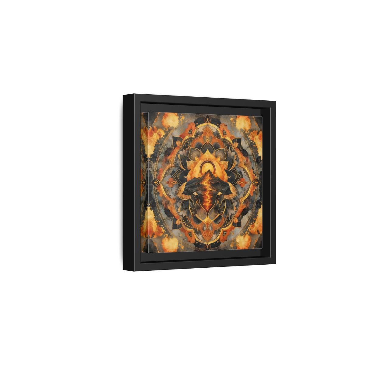 Abstract Volcano Mandala Orange Black Gold Framed Canvas Print Wall Art – Living Room, Above Sofa - YesArtYes