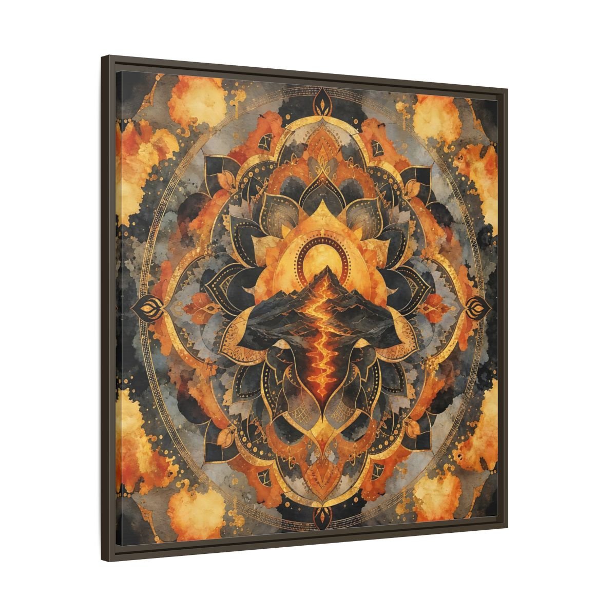 Abstract Volcano Mandala Orange Black Gold Framed Canvas Print Wall Art – Living Room, Above Sofa - YesArtYes