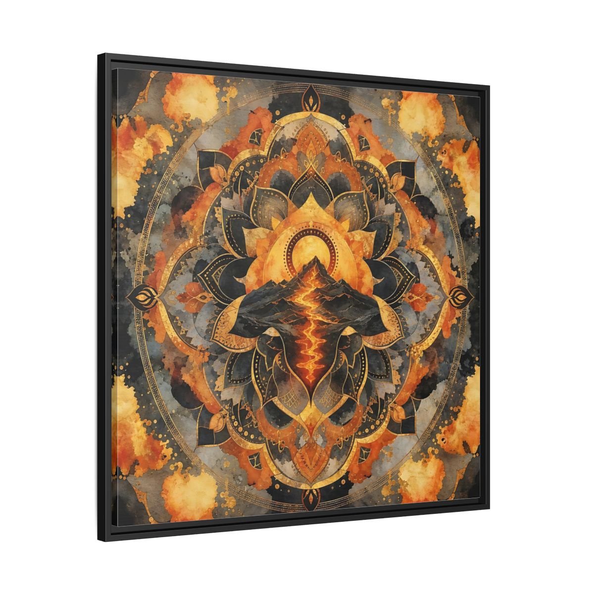 Abstract Volcano Mandala Orange Black Gold Framed Canvas Print Wall Art – Living Room, Above Sofa - YesArtYes