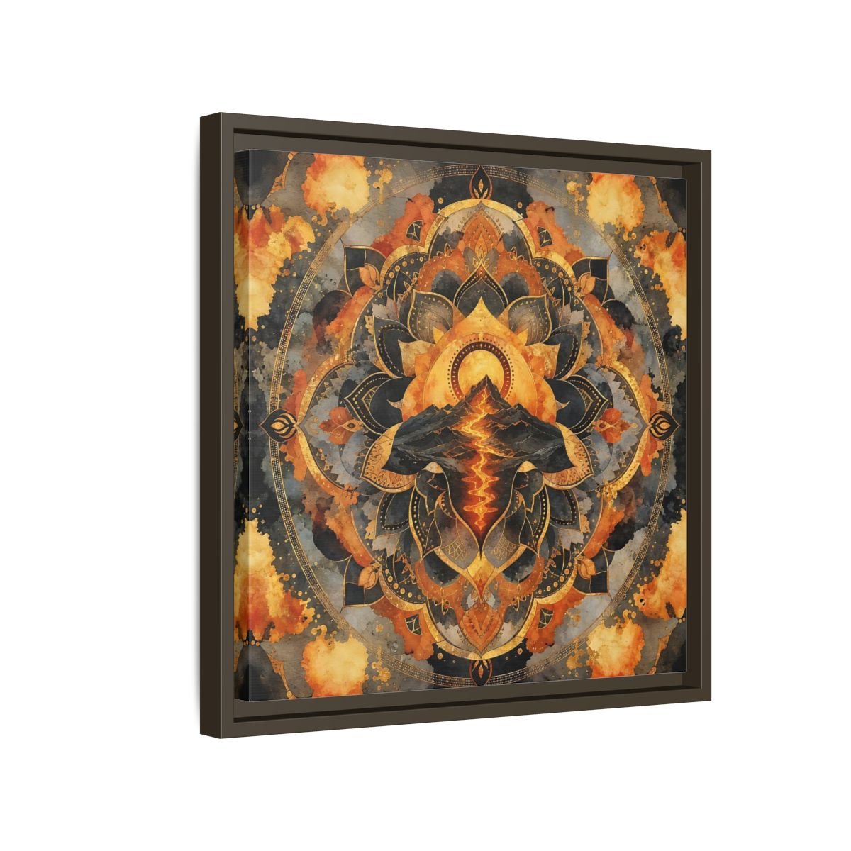 Abstract Volcano Mandala Orange Black Gold Framed Canvas Print Wall Art – Living Room, Above Sofa - YesArtYes