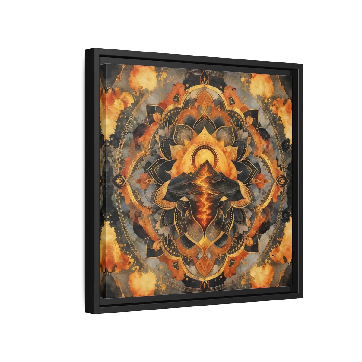 Abstract Volcano Mandala Orange Black Gold Framed Canvas Print Wall Art – Living Room, Above Sofa - YesArtYes