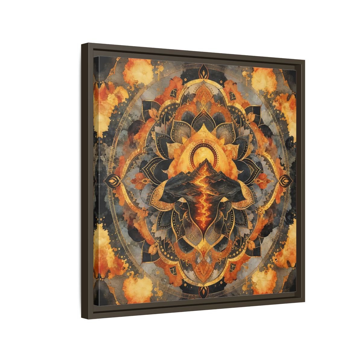 Abstract Volcano Mandala Orange Black Gold Framed Canvas Print Wall Art – Living Room, Above Sofa - YesArtYes