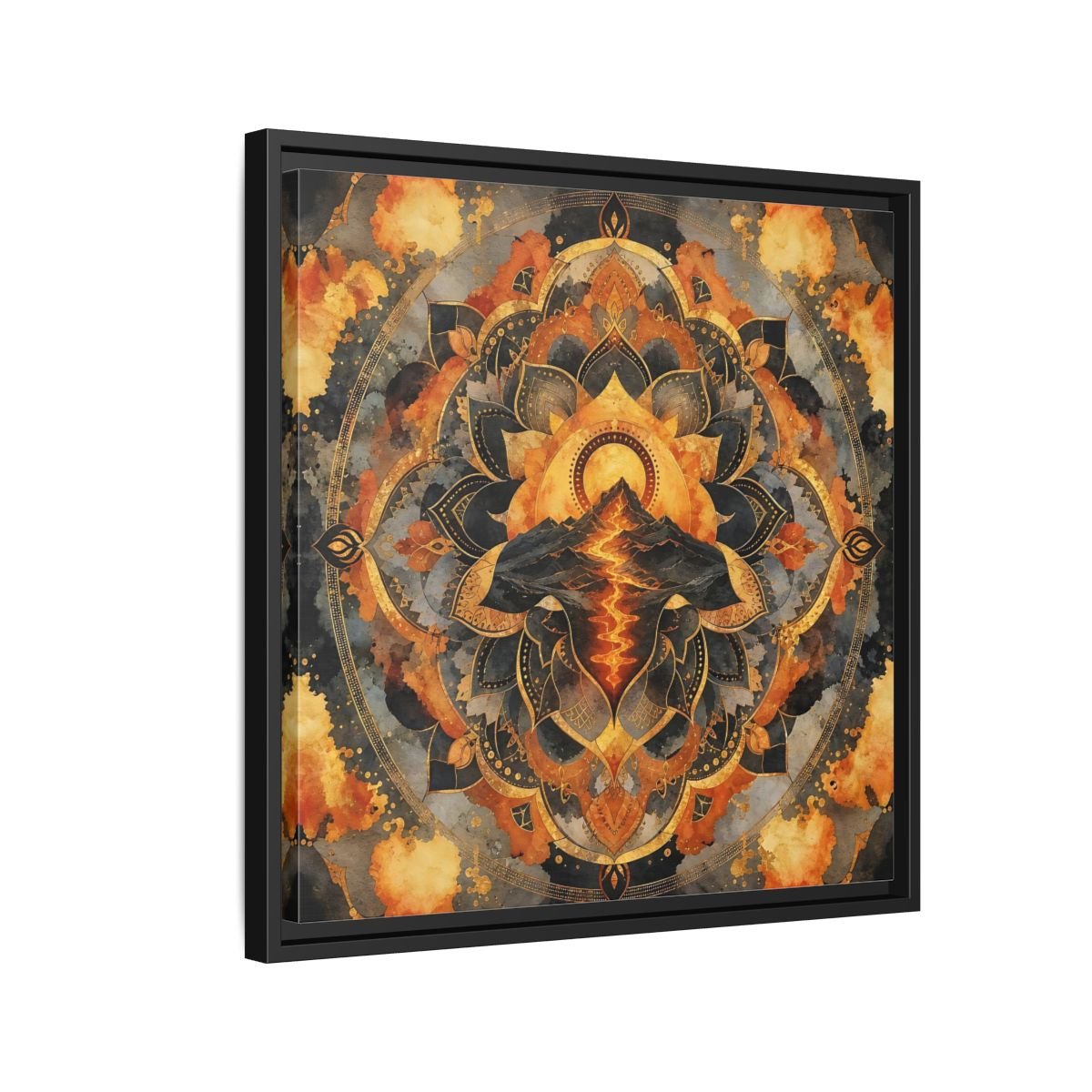 Abstract Volcano Mandala Orange Black Gold Framed Canvas Print Wall Art – Living Room, Above Sofa - YesArtYes