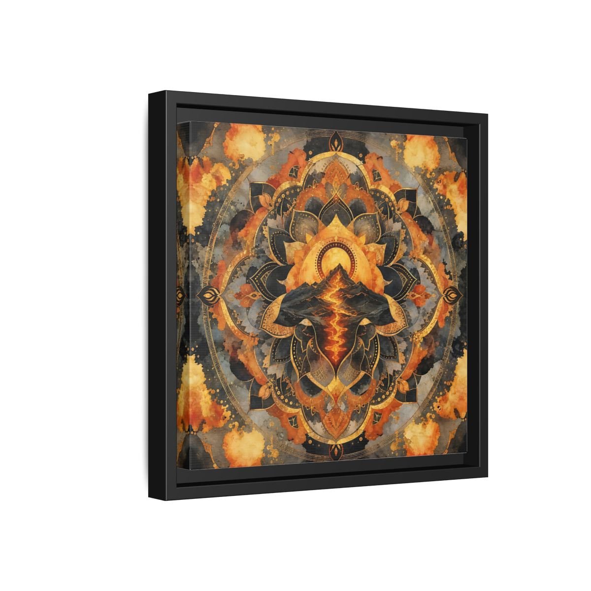 Abstract Volcano Mandala Orange Black Gold Framed Canvas Print Wall Art – Living Room, Above Sofa - YesArtYes