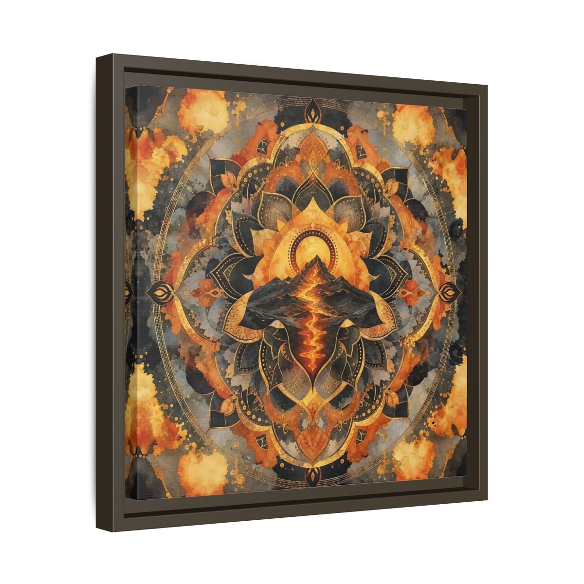 Abstract Volcano Mandala Orange Black Gold Framed Canvas Print Wall Art – Living Room, Above Sofa - YesArtYes