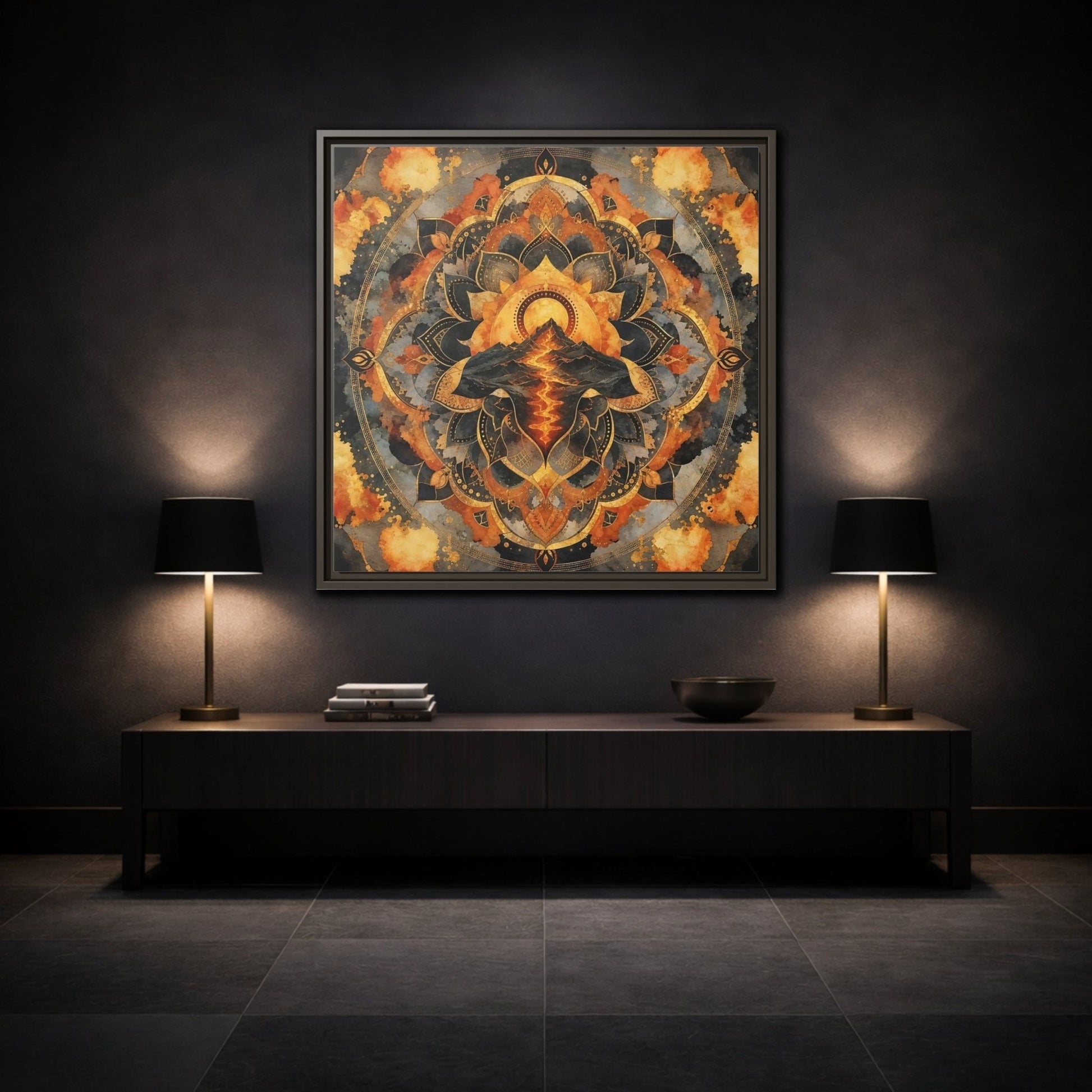 Abstract Volcano Mandala Orange Black Gold Framed Canvas Print Wall Art – Living Room, Above Sofa - YesArtYes