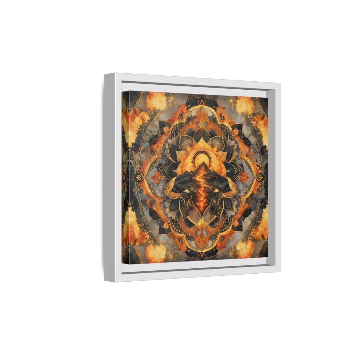 Abstract Volcano Mandala Orange Black Gold Framed Canvas Print Wall Art – Living Room, Above Sofa - YesArtYes