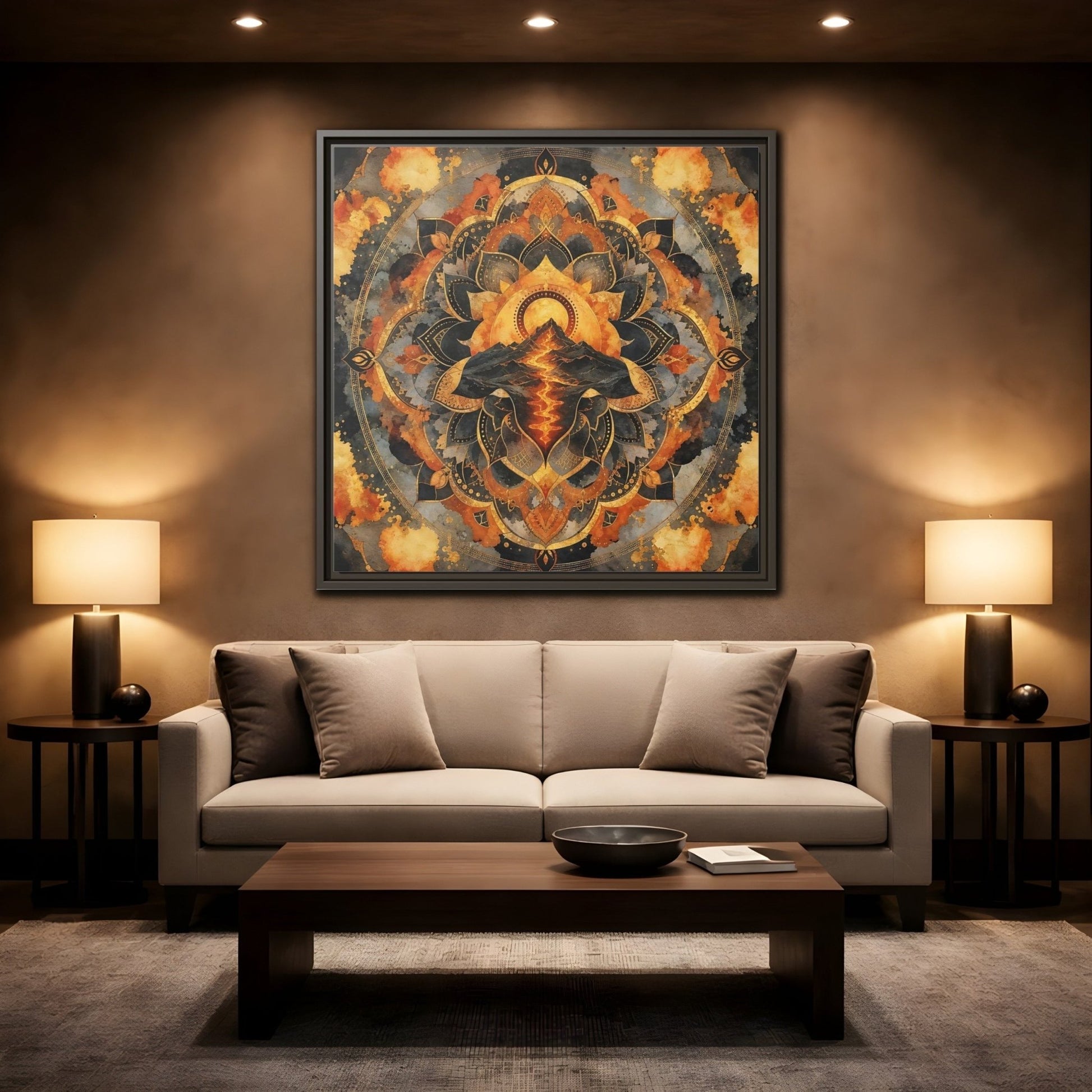 Abstract Volcano Mandala Orange Black Gold Framed Canvas Print Wall Art – Living Room, Above Sofa - YesArtYes