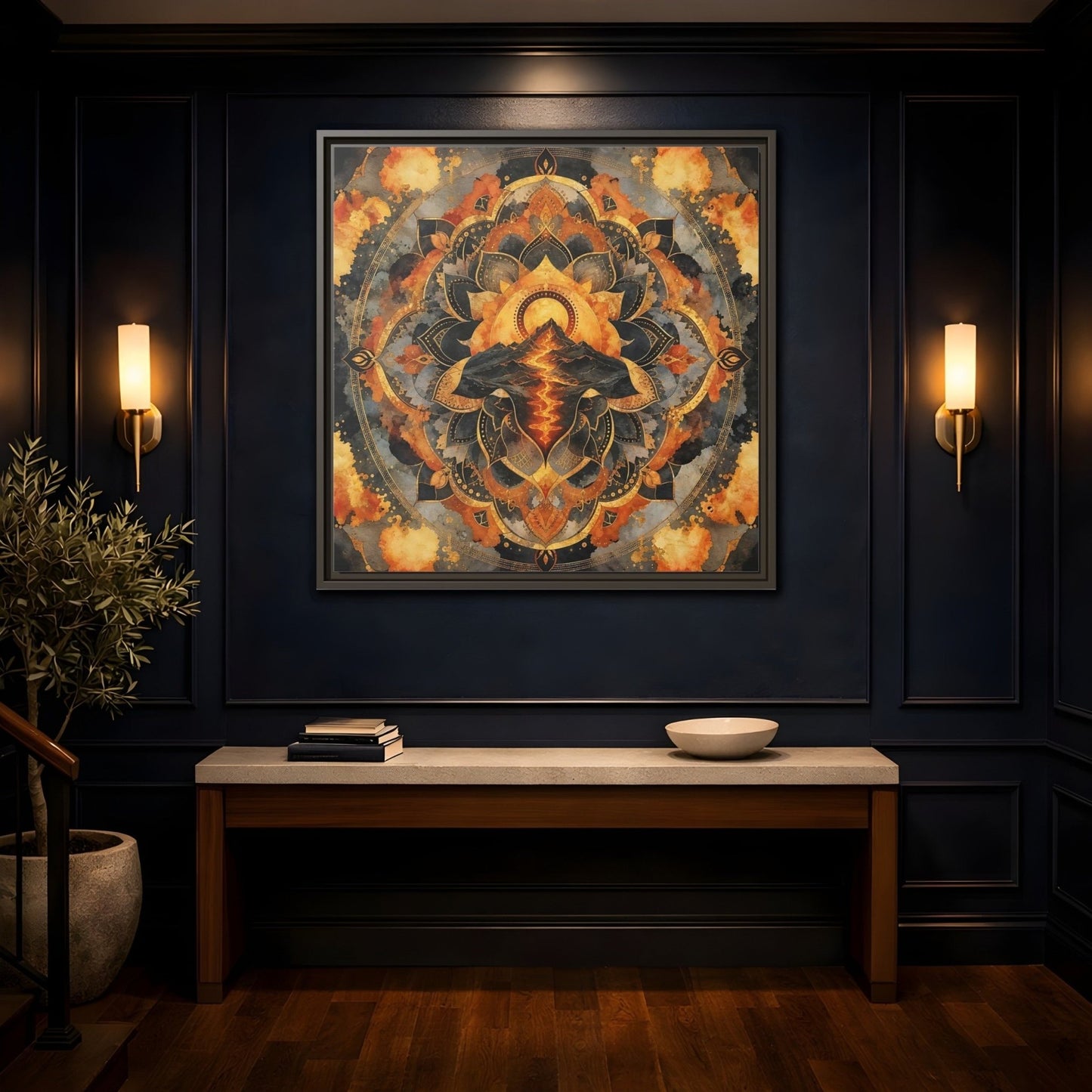 Abstract Volcano Mandala Orange Black Gold Framed Canvas Print Wall Art – Living Room, Above Sofa - YesArtYes