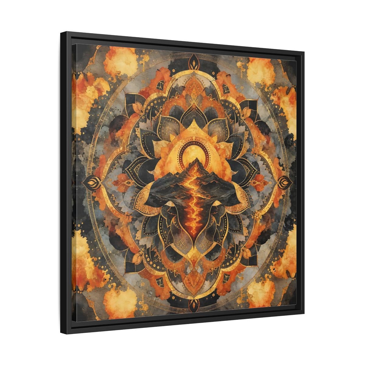 Abstract Volcano Mandala Orange Black Gold Framed Canvas Print Wall Art – Living Room, Above Sofa - YesArtYes