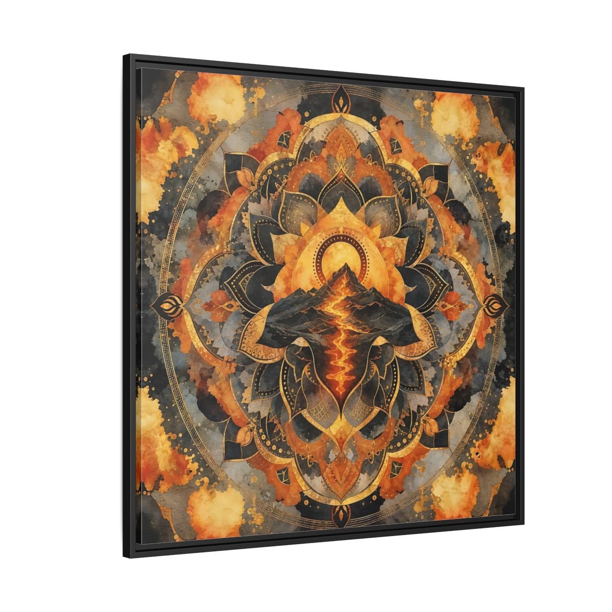 Abstract Volcano Mandala Orange Black Gold Framed Canvas Print Wall Art – Living Room, Above Sofa - YesArtYes
