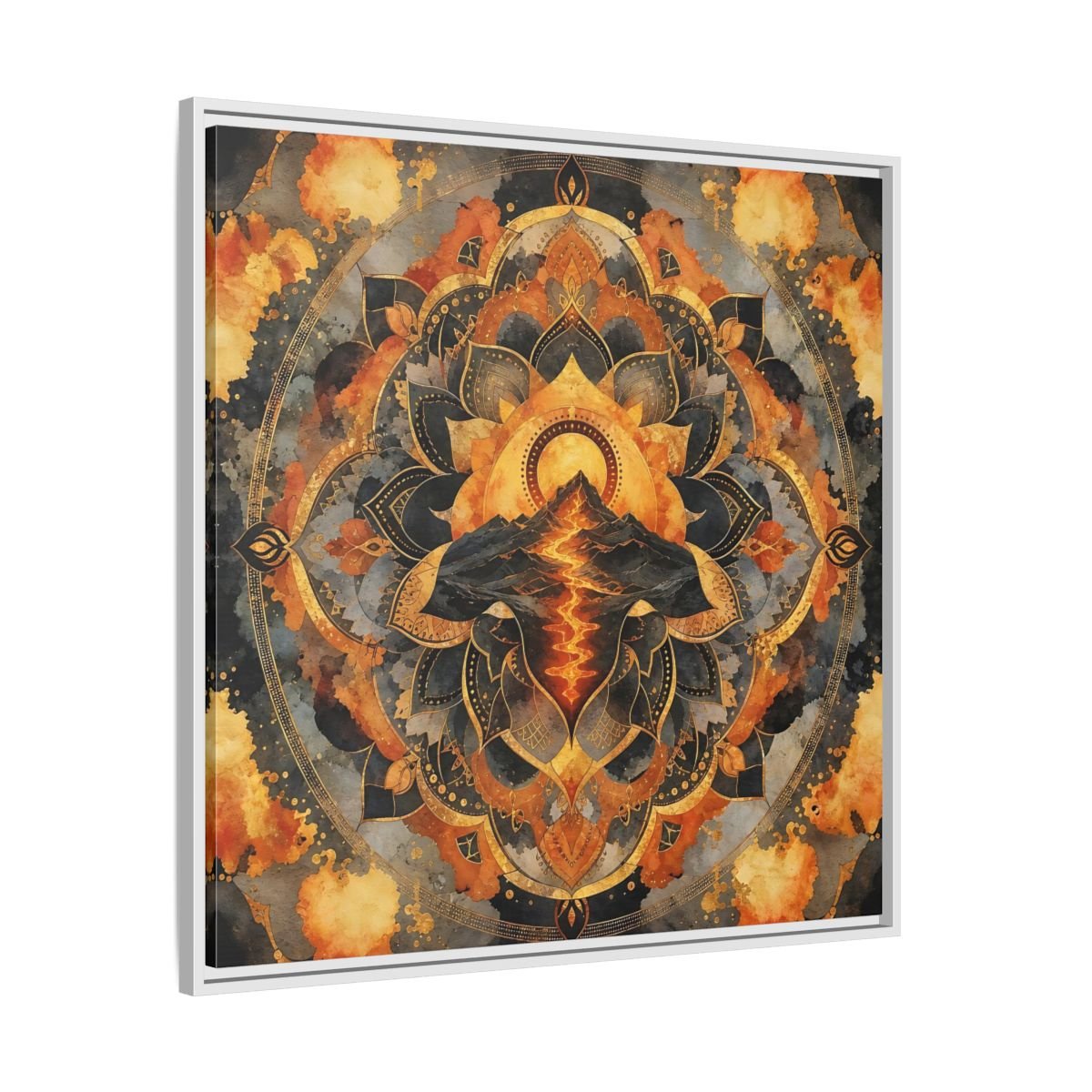 Abstract Volcano Mandala Orange Black Gold Framed Canvas Print Wall Art – Living Room, Above Sofa - YesArtYes