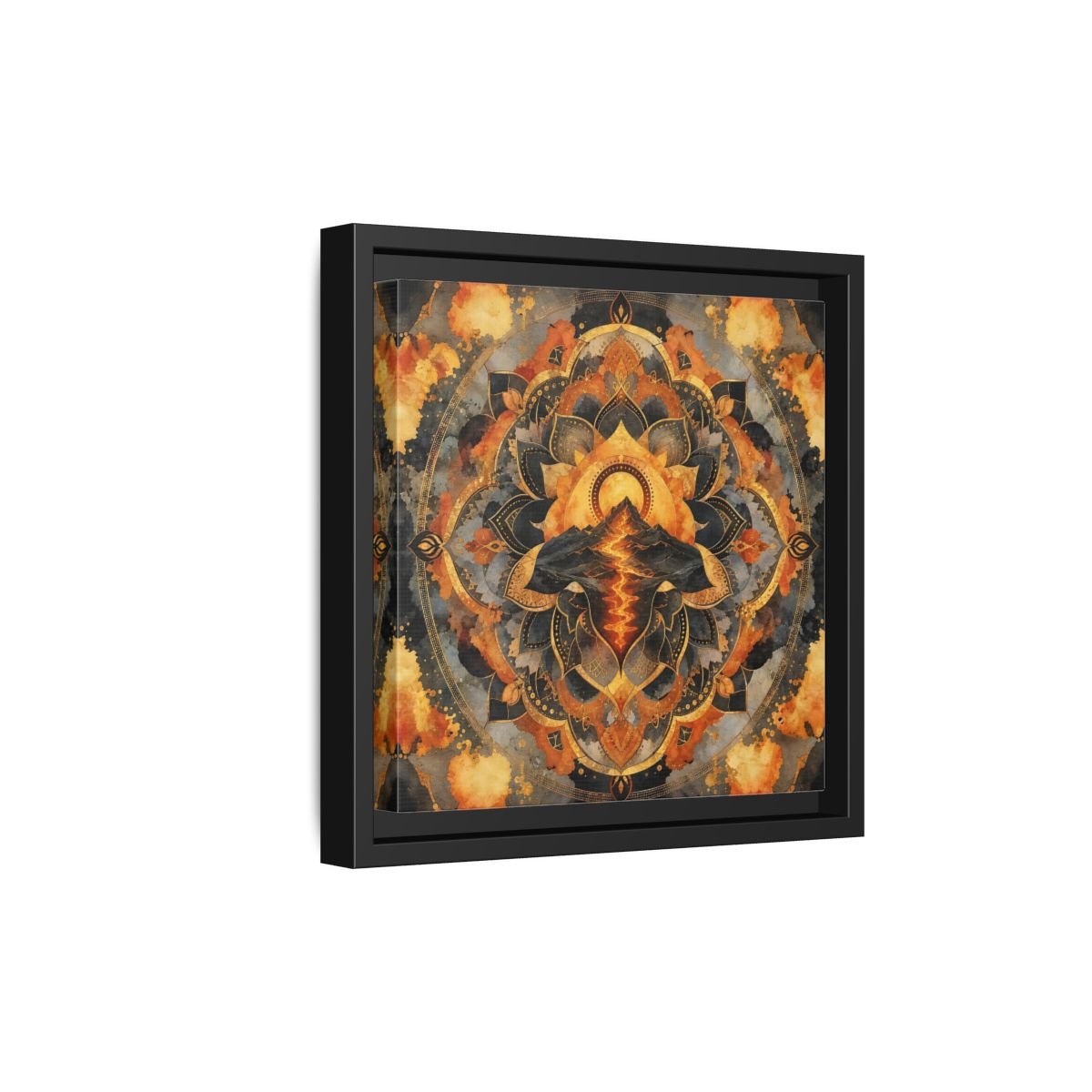 Abstract Volcano Mandala Orange Black Gold Framed Canvas Print Wall Art – Living Room, Above Sofa - YesArtYes