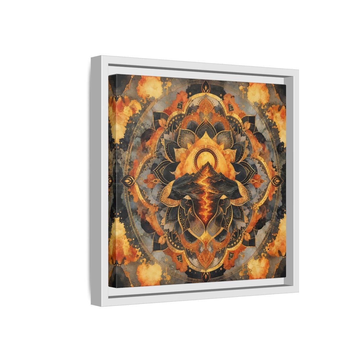 Abstract Volcano Mandala Orange Black Gold Framed Canvas Print Wall Art – Living Room, Above Sofa - YesArtYes
