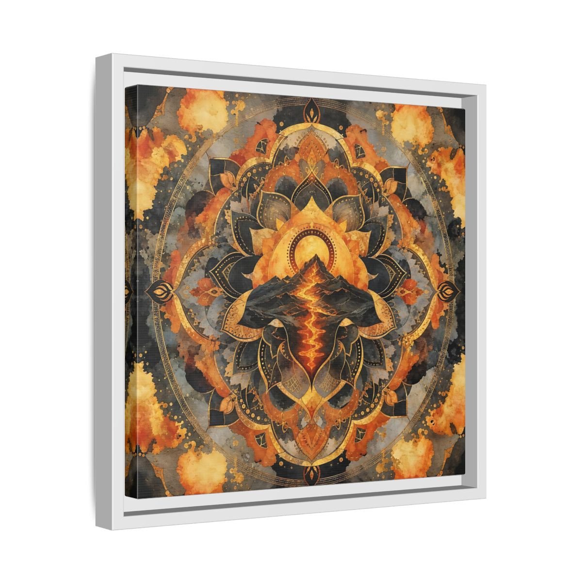 Abstract Volcano Mandala Orange Black Gold Framed Canvas Print Wall Art – Living Room, Above Sofa - YesArtYes