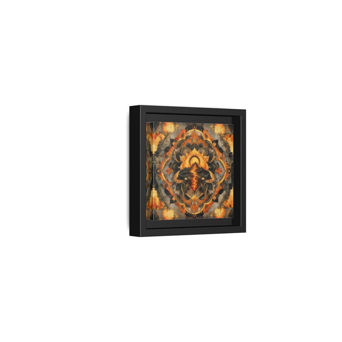 Side Mockup 24. Abstract Volcano Mandala Orange Black Gold shown as framed canvas print