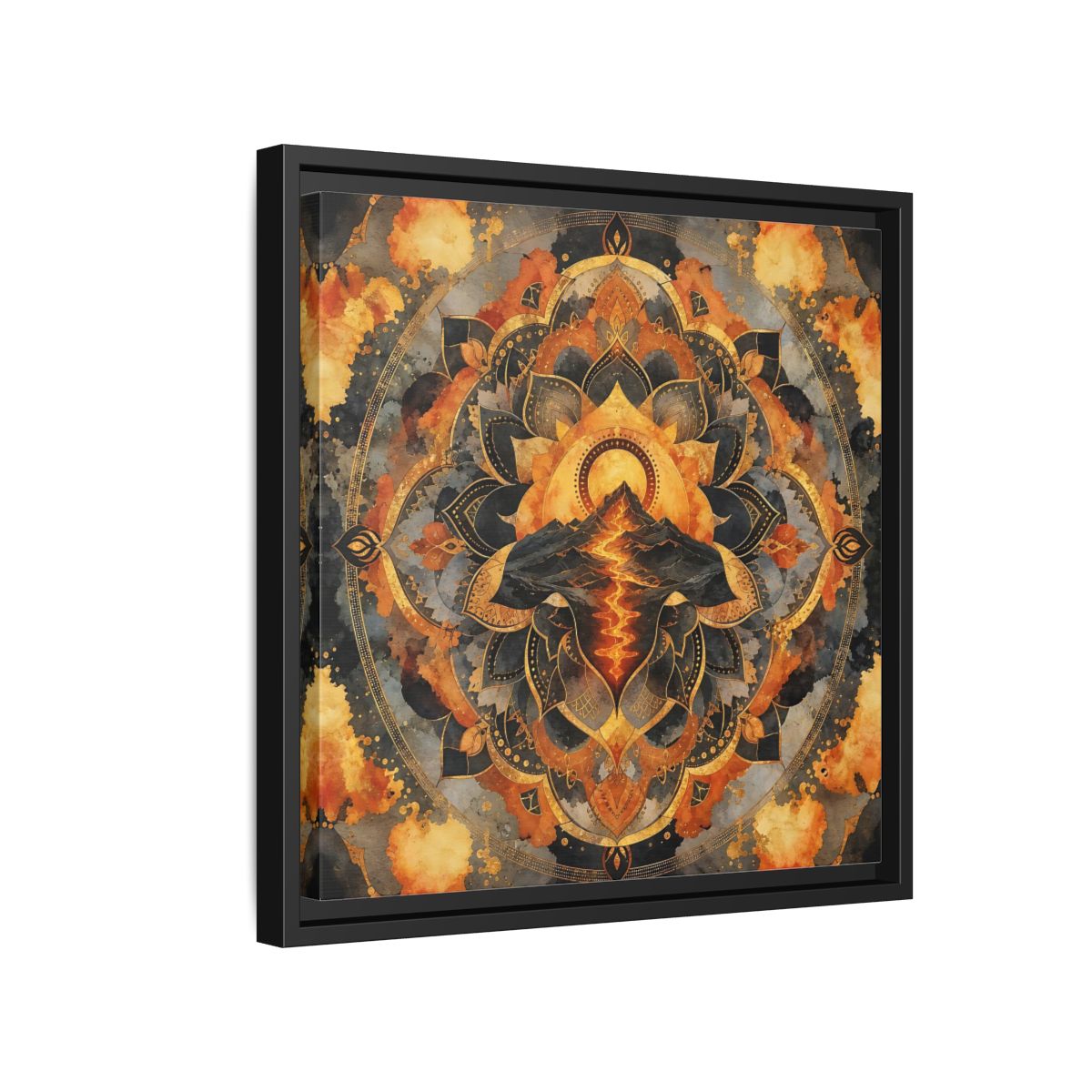 Side Mockup 15. Abstract Volcano Mandala Orange Black Gold shown as framed canvas print