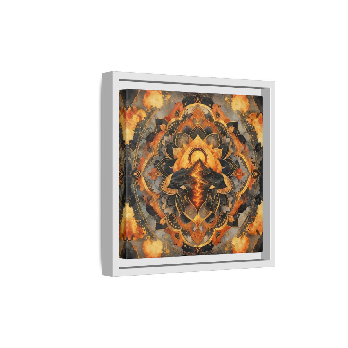 Side Mockup 19. Abstract Volcano Mandala Orange Black Gold shown as framed canvas print