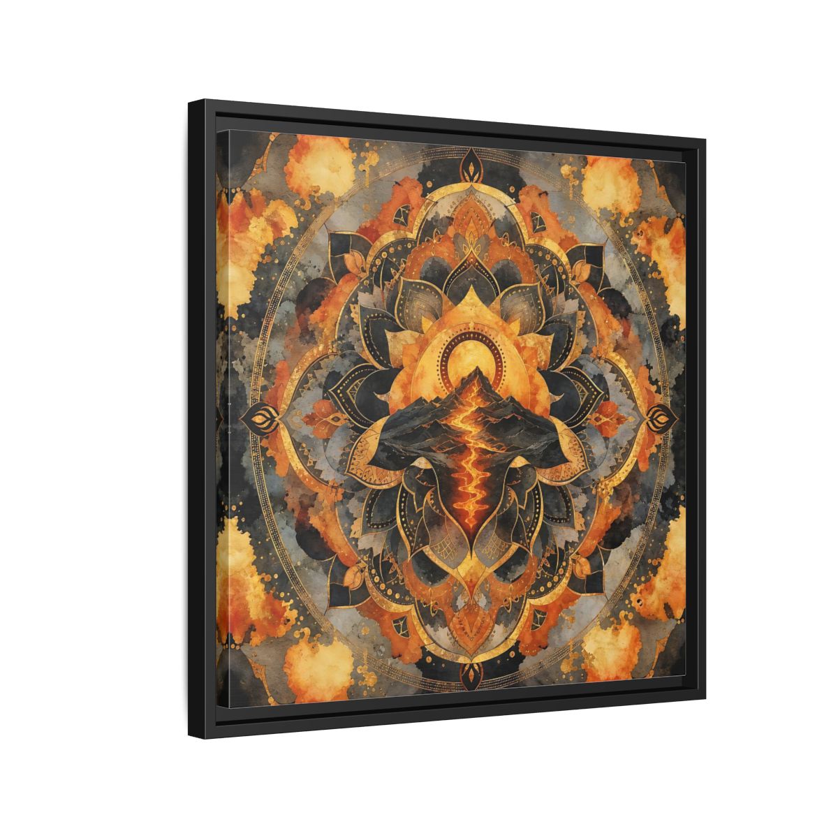 Side Mockup 12. Abstract Volcano Mandala Orange Black Gold shown as framed canvas print