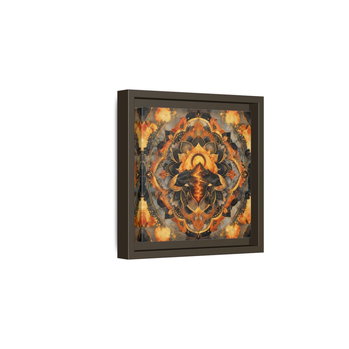Side Mockup 2. Abstract Volcano Mandala Orange Black Gold shown as framed canvas print