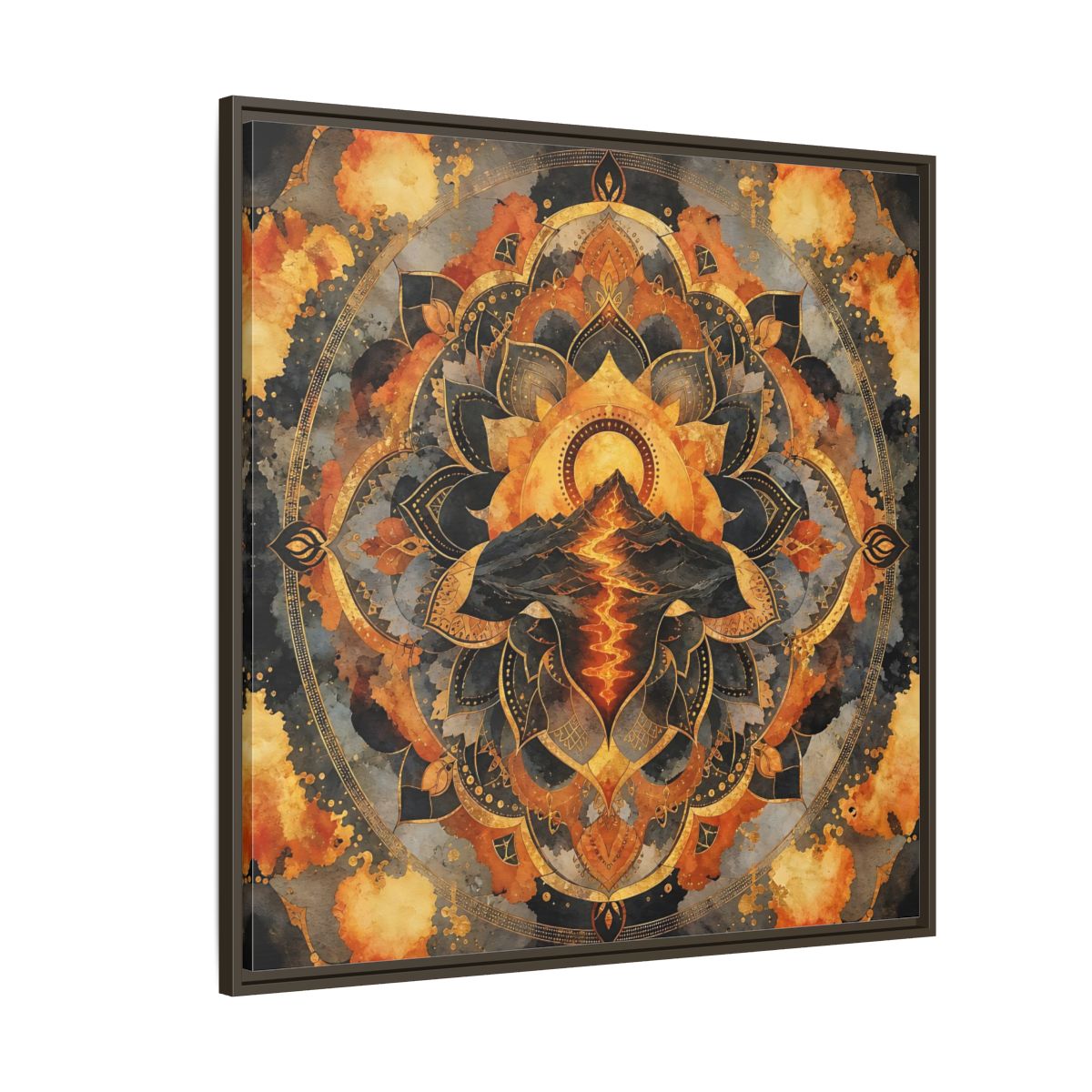 Side Mockup 5. Abstract Volcano Mandala Orange Black Gold shown as framed canvas print