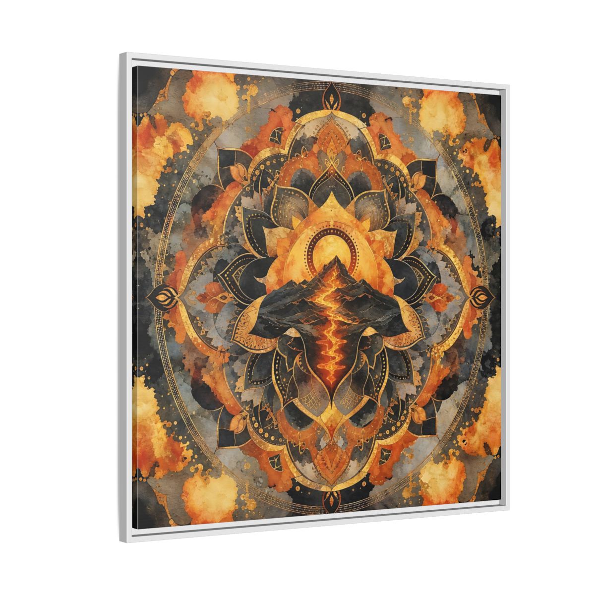Side Mockup 4. Abstract Volcano Mandala Orange Black Gold shown as framed canvas print
