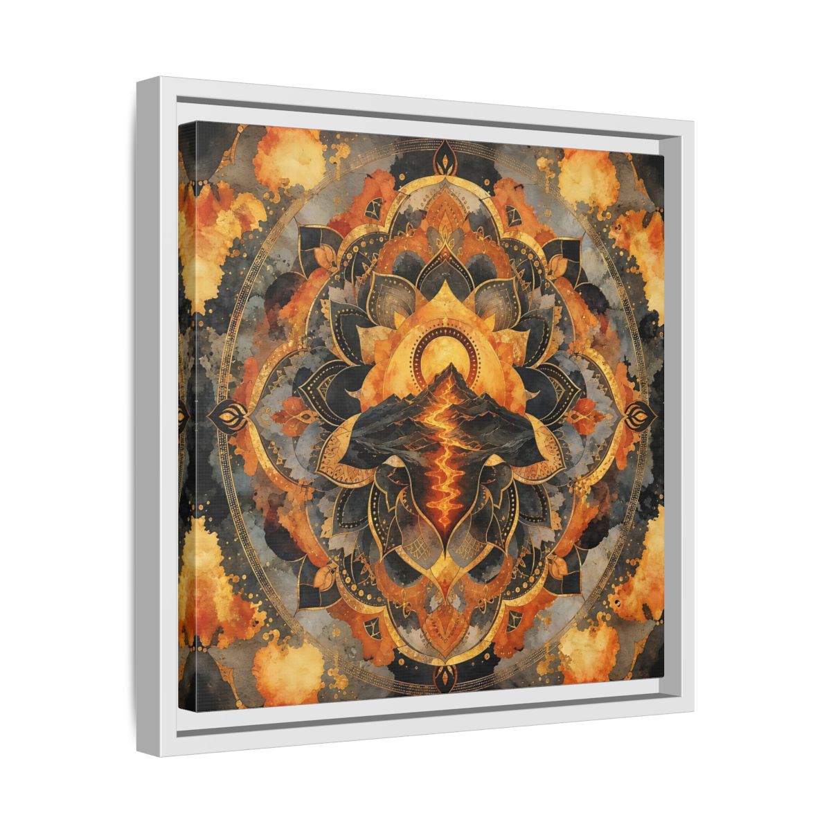 Side Mockup 28. Abstract Volcano Mandala Orange Black Gold shown as framed canvas print