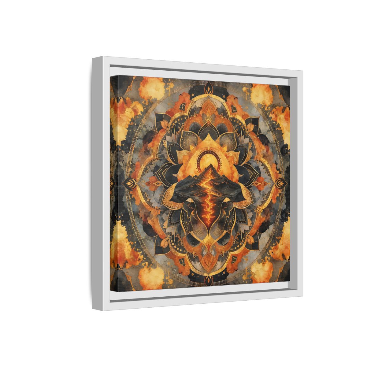 Side Mockup 16. Abstract Volcano Mandala Orange Black Gold shown as framed canvas print
