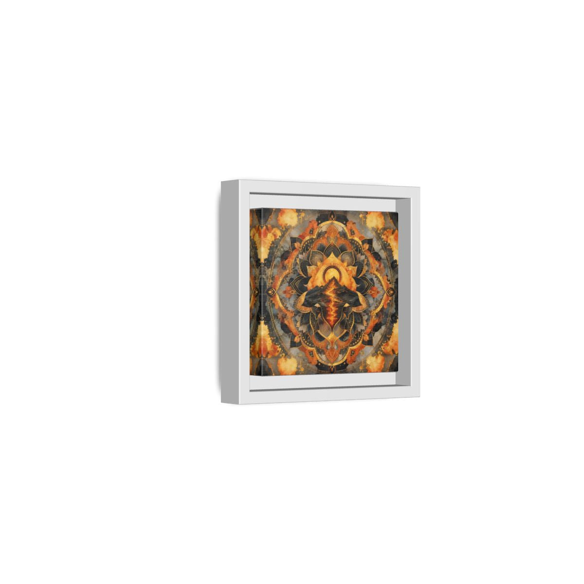 Side Mockup 22. Abstract Volcano Mandala Orange Black Gold shown as framed canvas print