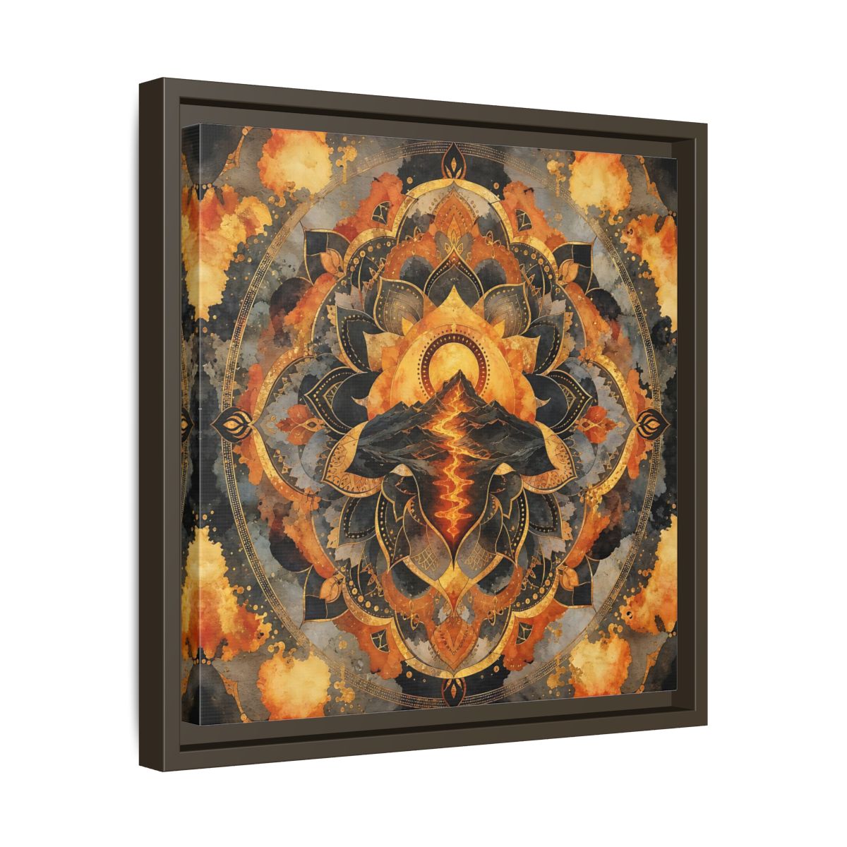 Side Mockup 29. Abstract Volcano Mandala Orange Black Gold shown as framed canvas print