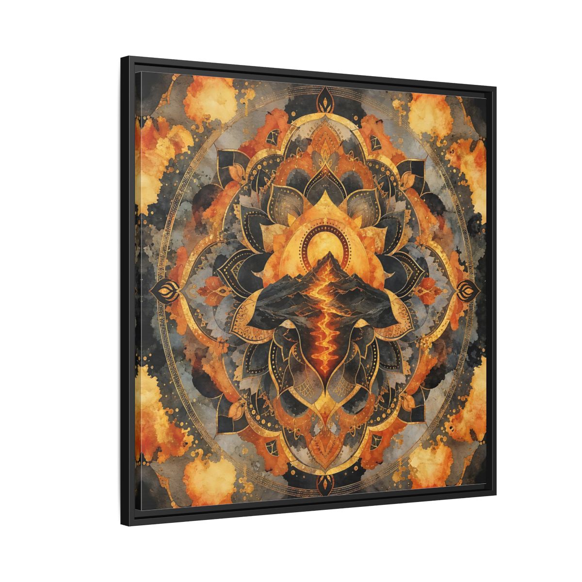 Side Mockup 9. Abstract Volcano Mandala Orange Black Gold shown as framed canvas print