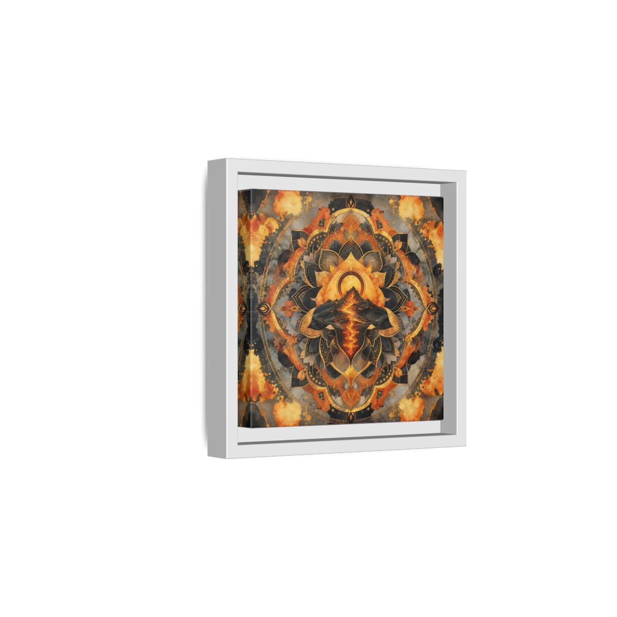 Side Mockup 1. Abstract Volcano Mandala Orange Black Gold shown as framed canvas print