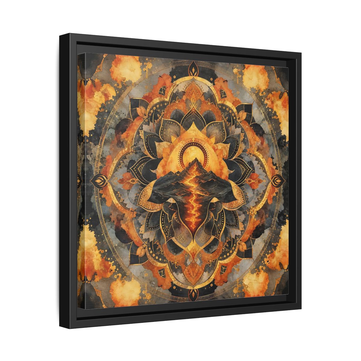 Side Mockup 32. Abstract Volcano Mandala Orange Black Gold shown as framed canvas print