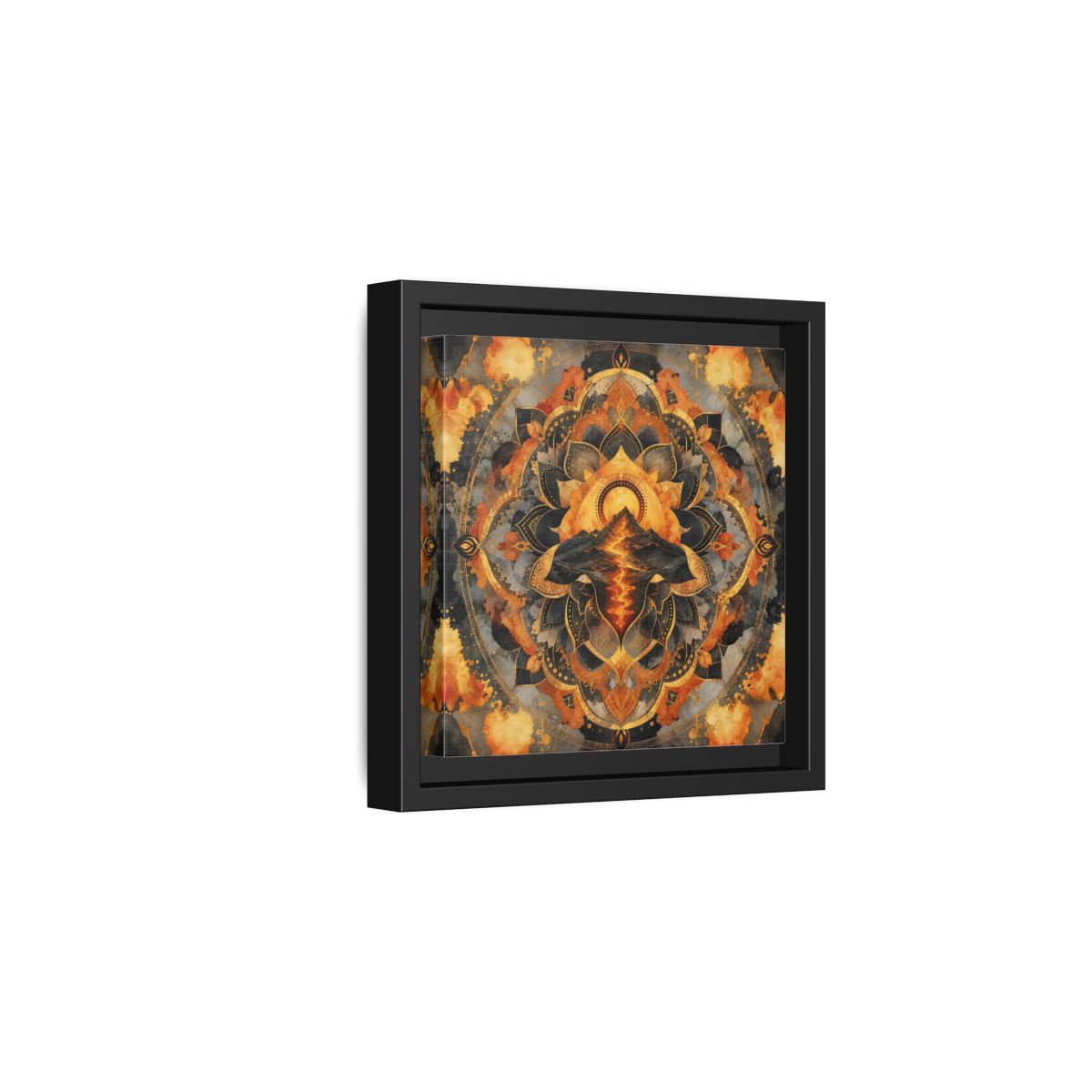 Side Mockup 3. Abstract Volcano Mandala Orange Black Gold shown as framed canvas print