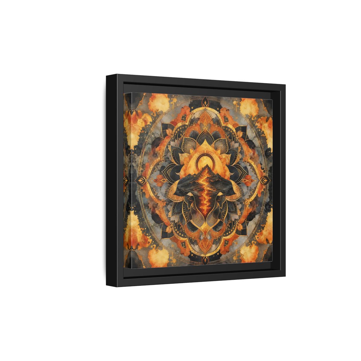 Side Mockup 21. Abstract Volcano Mandala Orange Black Gold shown as framed canvas print