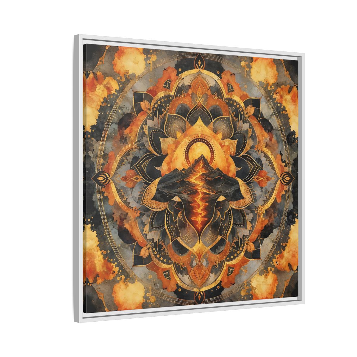 Side Mockup 7. Abstract Volcano Mandala Orange Black Gold shown as framed canvas print