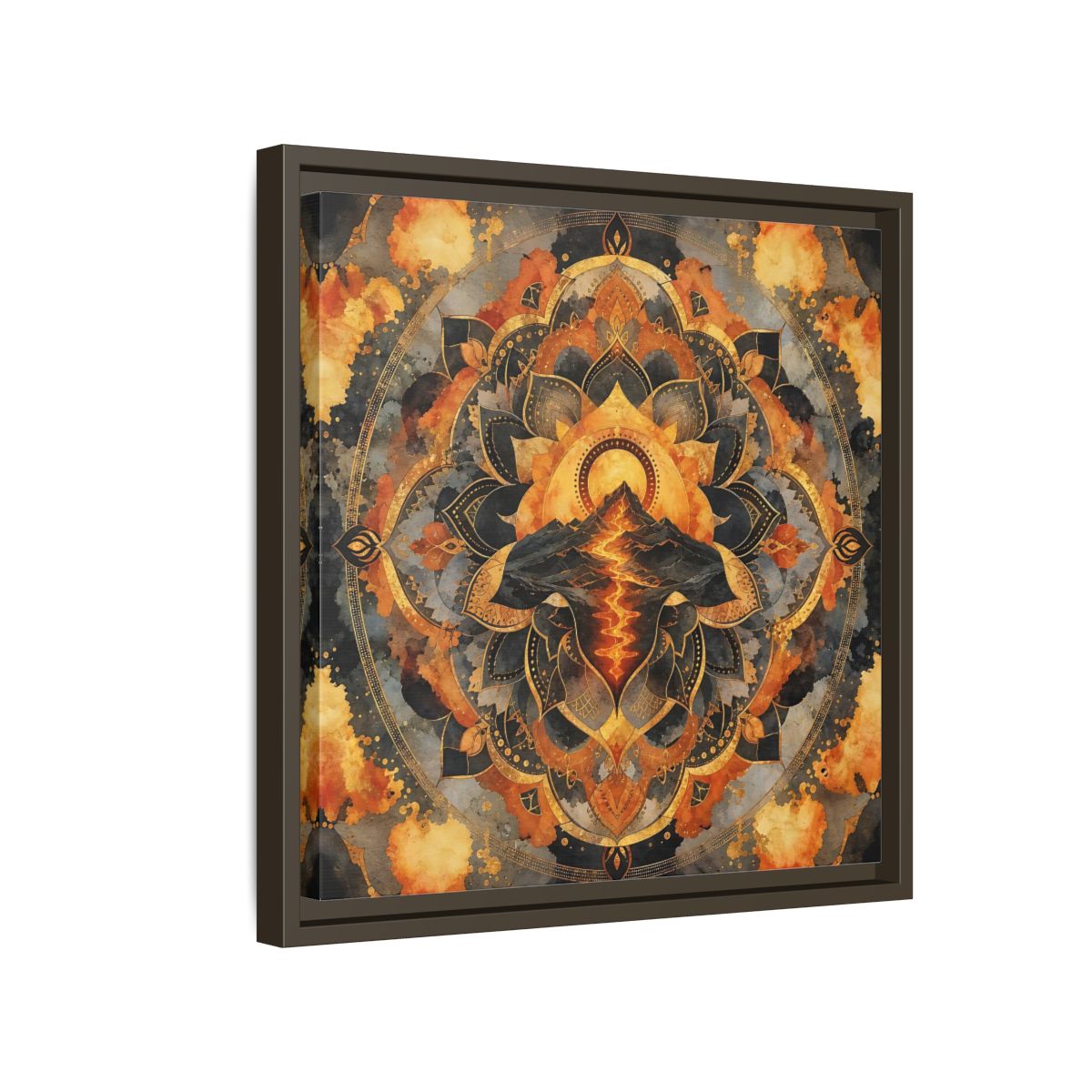 Side Mockup 14. Abstract Volcano Mandala Orange Black Gold shown as framed canvas print