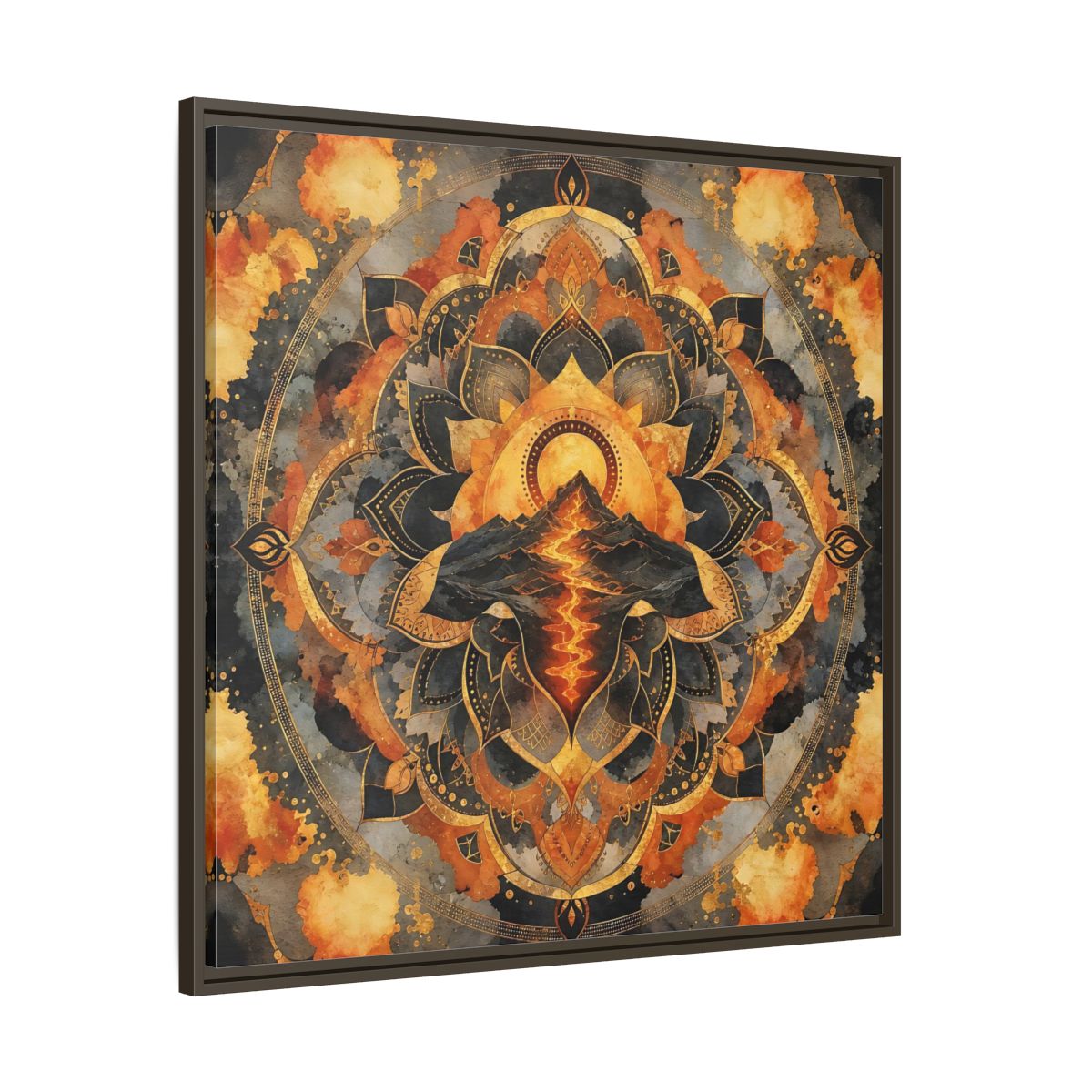 Main Mockup. Abstract Volcano Mandala Orange Black Gold shown as framed canvas print