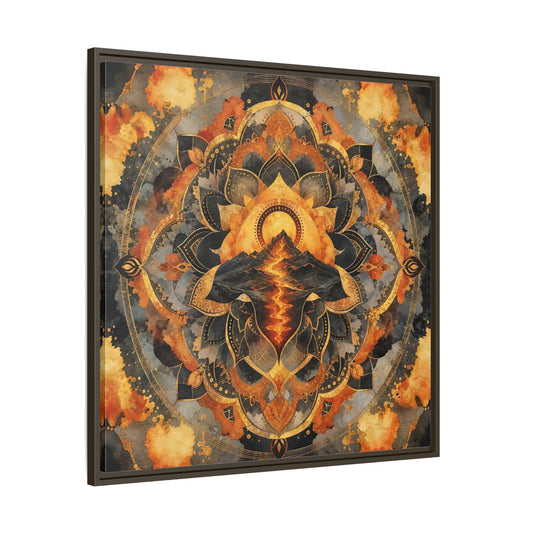Main Mockup. Abstract Volcano Mandala Orange Black Gold shown as framed canvas print