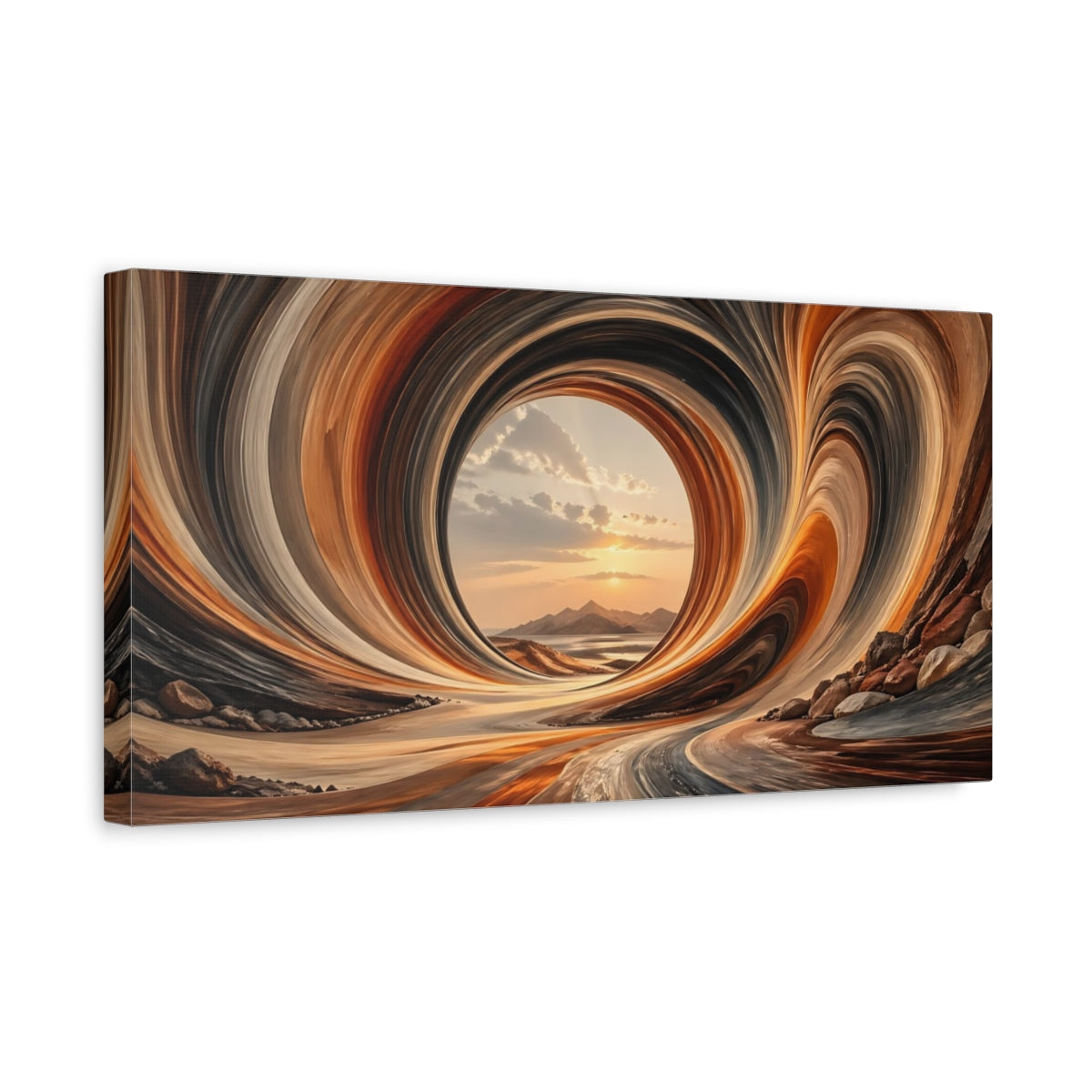 Side Mockup 3. Abstract Abstract Vortex Orange Gray shown as stretched canvas wall art