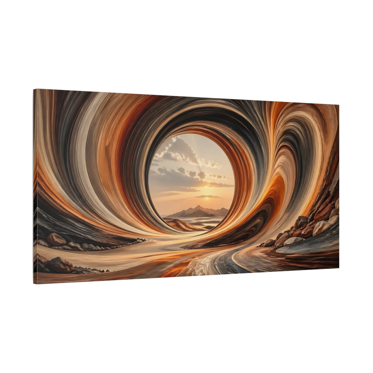 Side Mockup 2. Abstract Abstract Vortex Orange Gray shown as stretched canvas wall art